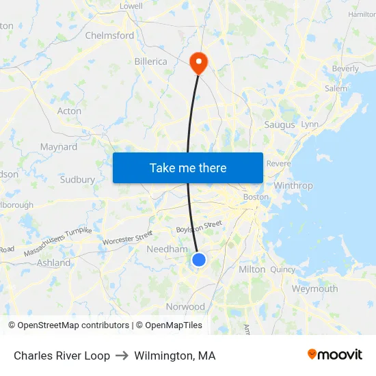 Charles River Loop to Wilmington, MA map