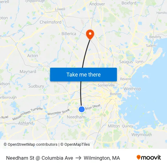 Needham St @ Columbia Ave to Wilmington, MA map