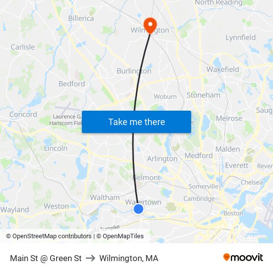 Main St @ Green St to Wilmington, MA map