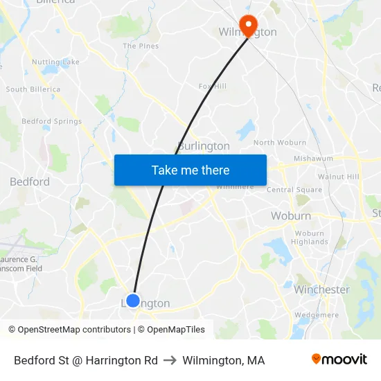Bedford St @ Harrington Rd to Wilmington, MA map
