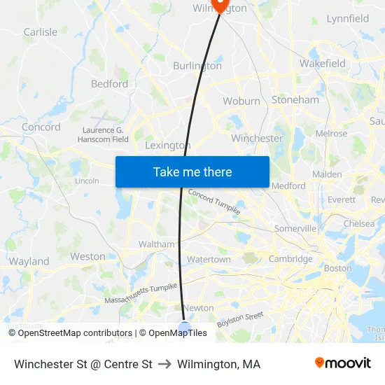 Winchester St @ Centre St to Wilmington, MA map
