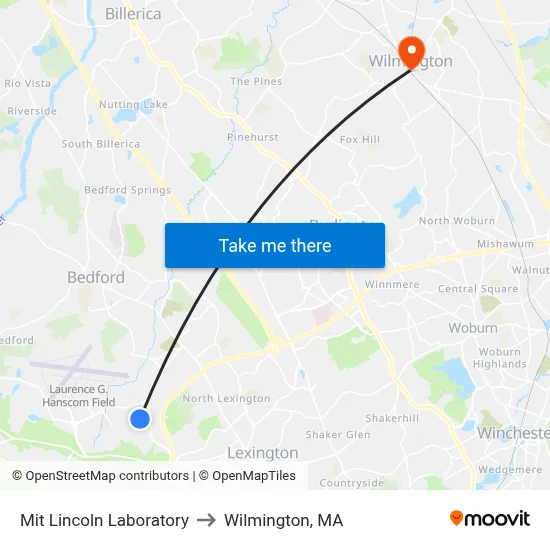 Mit Lincoln Laboratory to Wilmington, MA map