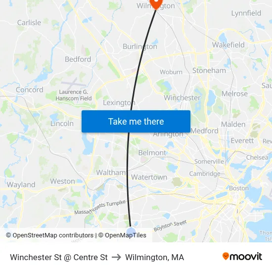 Winchester St @ Centre St to Wilmington, MA map
