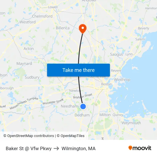 Baker St @ Vfw Pkwy to Wilmington, MA map