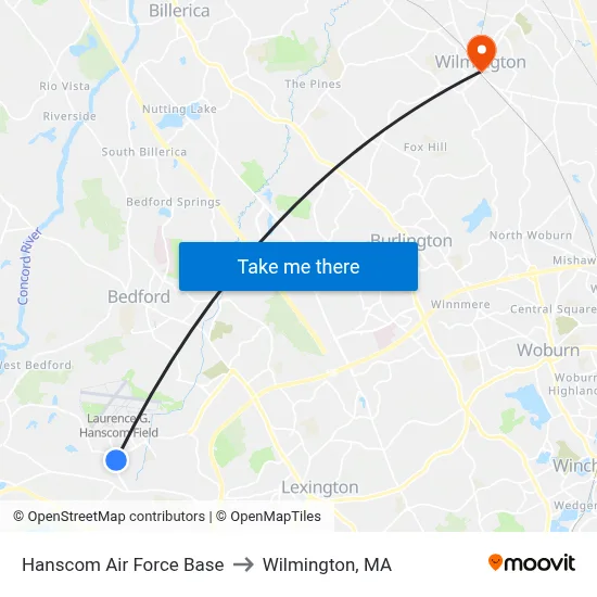 Hanscom Air Force Base to Wilmington, MA map