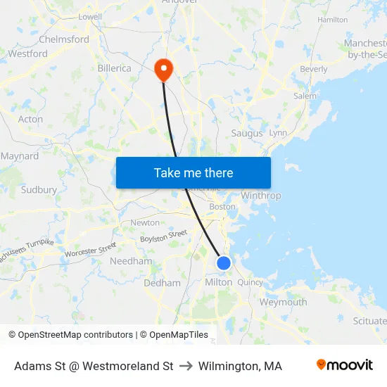 Adams St @ Westmoreland St to Wilmington, MA map