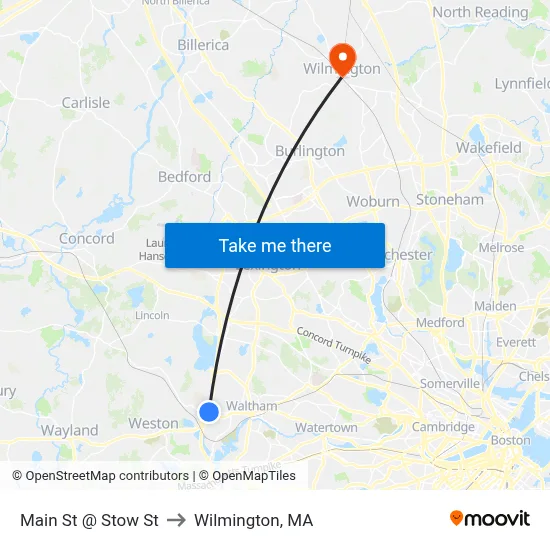 Main St @ Stow St to Wilmington, MA map
