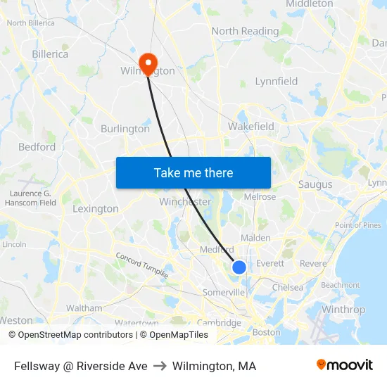 Fellsway @ Riverside Ave to Wilmington, MA map