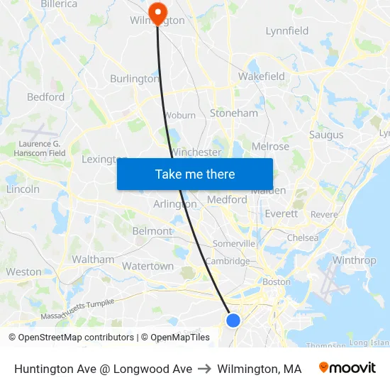 Huntington Ave @ Longwood Ave to Wilmington, MA map