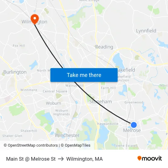 Main St @ Melrose St to Wilmington, MA map