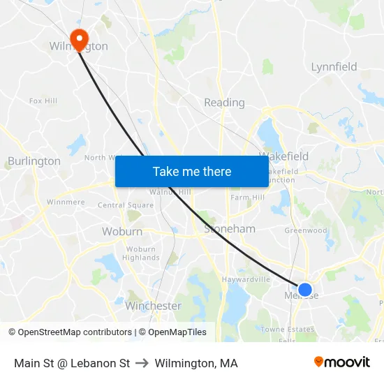 Main St @ Lebanon St to Wilmington, MA map