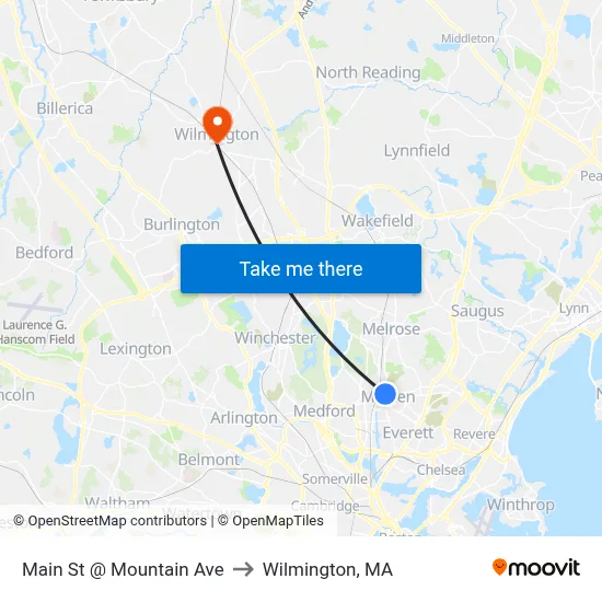Main St @ Mountain Ave to Wilmington, MA map