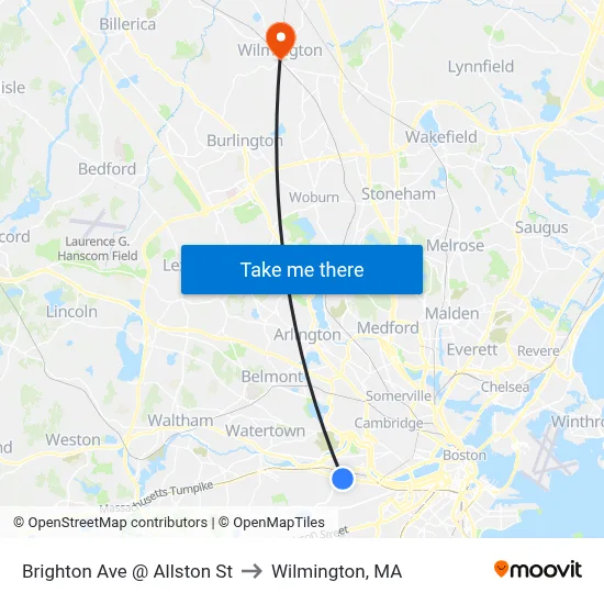 Brighton Ave @ Allston St to Wilmington, MA map