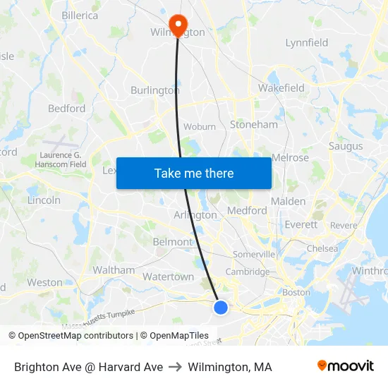 Brighton Ave @ Harvard Ave to Wilmington, MA map
