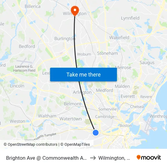Brighton Ave @ Commonwealth Ave to Wilmington, MA map