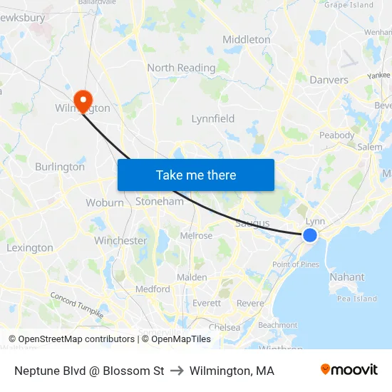 Neptune Blvd @ Blossom St to Wilmington, MA map
