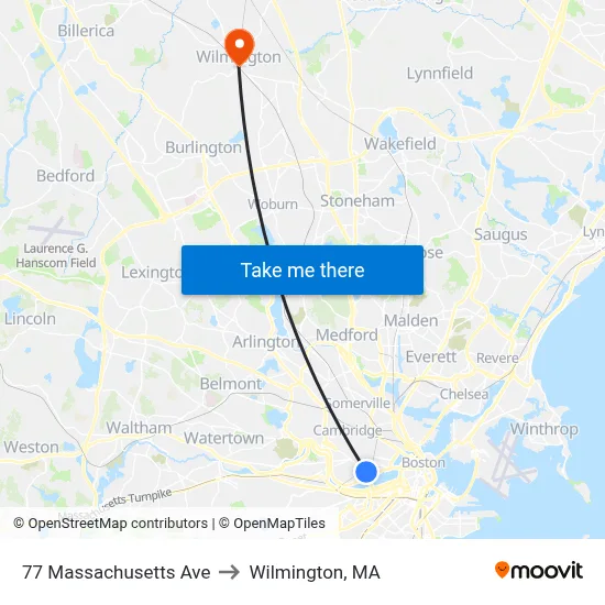 77 Massachusetts Ave to Wilmington, MA map