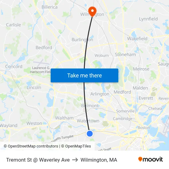 Tremont St @ Waverley Ave to Wilmington, MA map