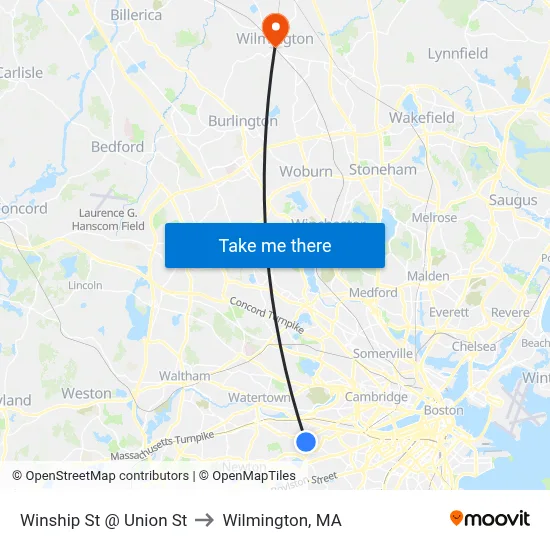 Winship St @ Union St to Wilmington, MA map