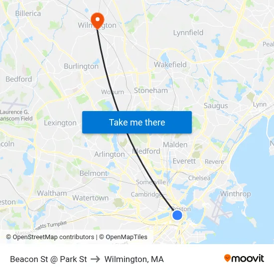 Beacon St @ Park St to Wilmington, MA map