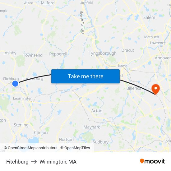 Fitchburg to Wilmington, MA map