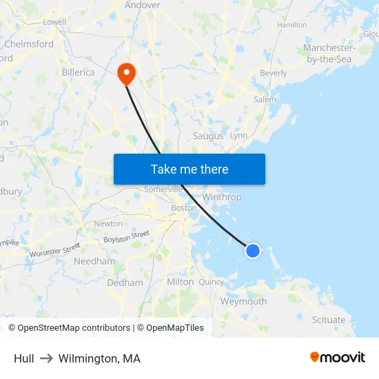 Hull to Wilmington, MA map