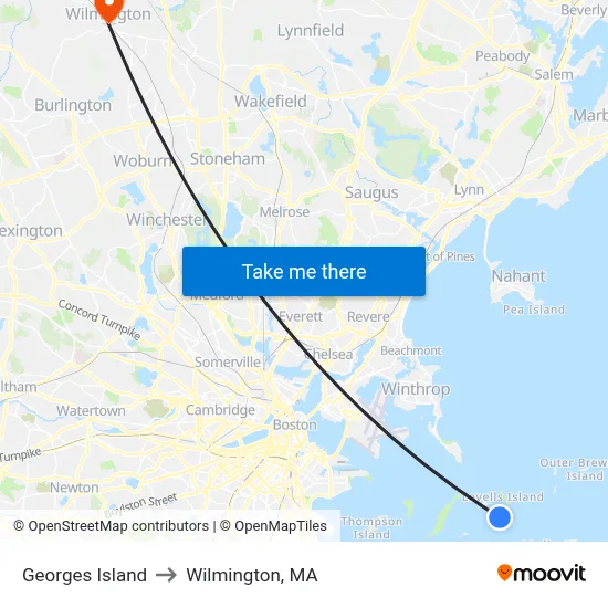 Georges Island to Wilmington, MA map