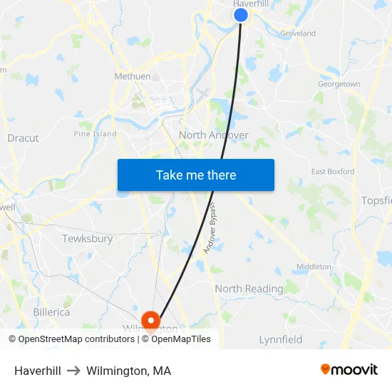 Haverhill to Wilmington, MA map