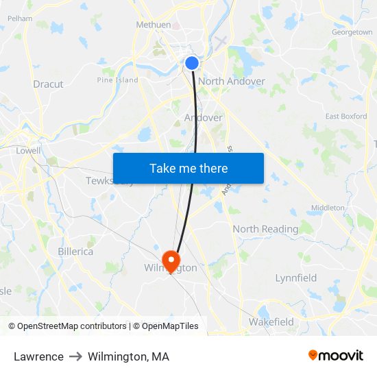 Lawrence to Wilmington, MA map