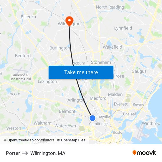 Porter to Wilmington, MA map