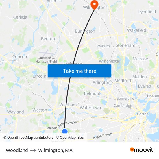 Woodland to Wilmington, MA map
