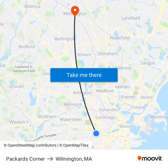 Packards Corner to Wilmington, MA map