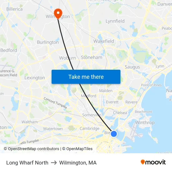Long Wharf North to Wilmington, MA map