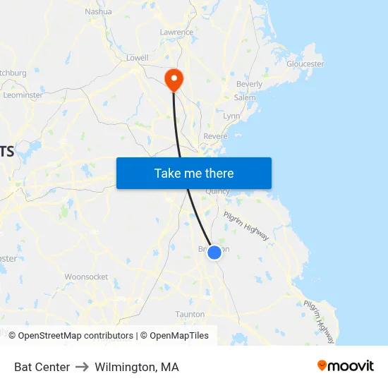 Bat Center to Wilmington, MA map