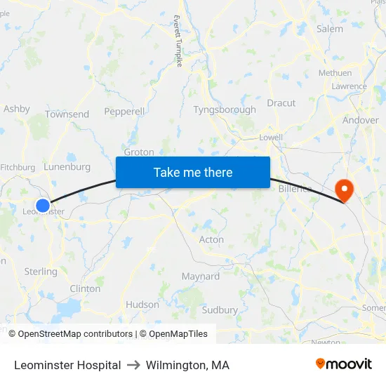 Leominster Hospital to Wilmington, MA map