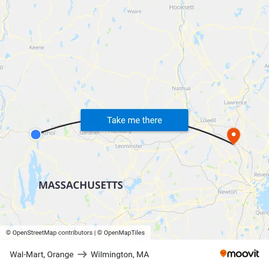 Wal-Mart, Orange to Wilmington, MA map