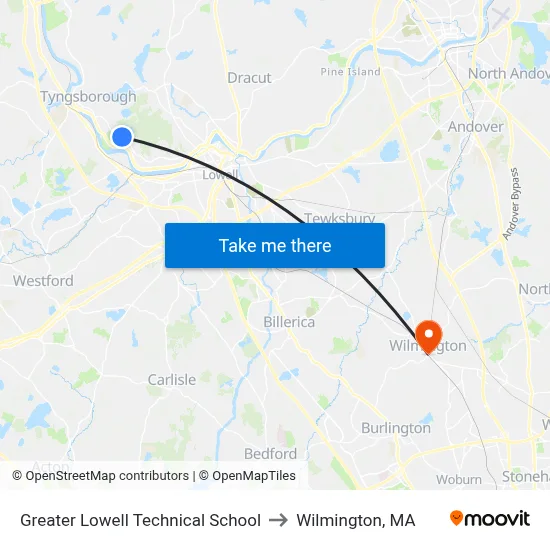 Greater Lowell Technical School to Wilmington, MA map