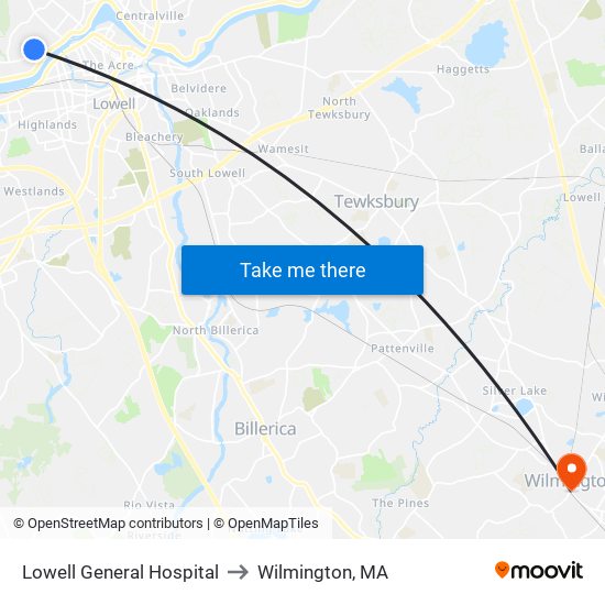 Lowell General Hospital to Wilmington, MA map