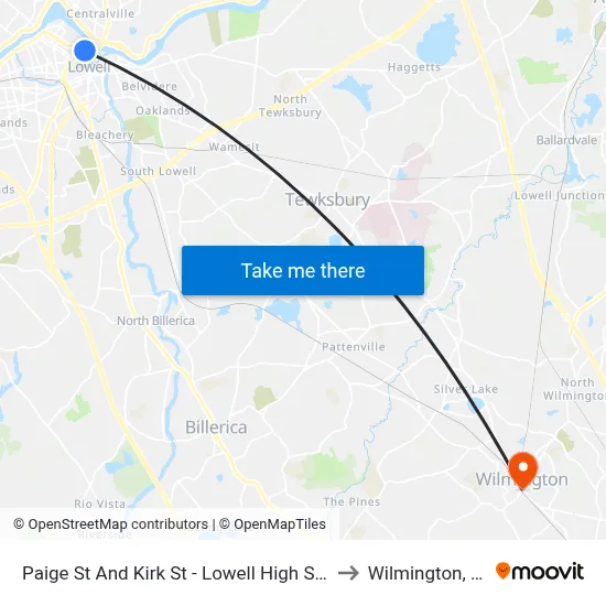 Paige St And Kirk St - Lowell High School to Wilmington, MA map