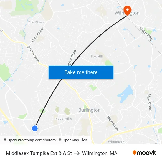 Middlesex Turnpike Ext & A St to Wilmington, MA map