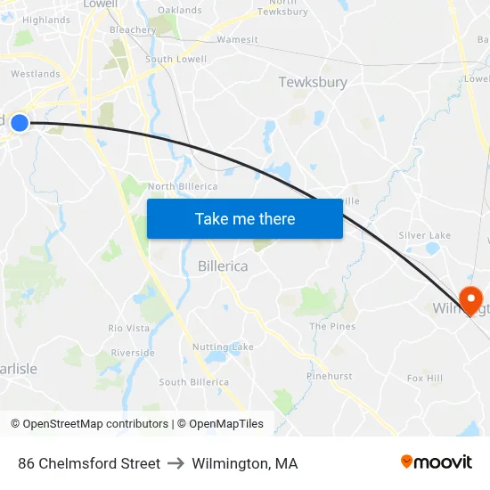 86 Chelmsford Street to Wilmington, MA map
