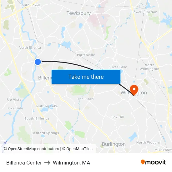 Billerica Center to Wilmington, MA map