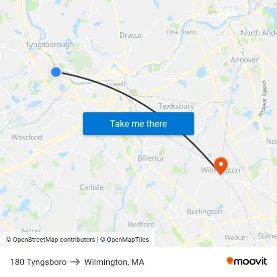 180 Tyngsboro to Wilmington, MA map