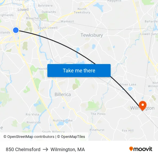 850 Chelmsford to Wilmington, MA map