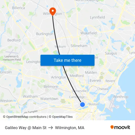 Galileo Way @ Main St to Wilmington, MA map