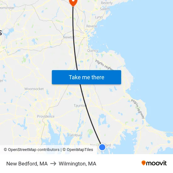 New Bedford, MA to Wilmington, MA map