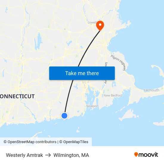 Westerly Amtrak to Wilmington, MA map