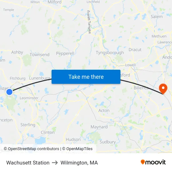 Wachusett Station to Wilmington, MA map