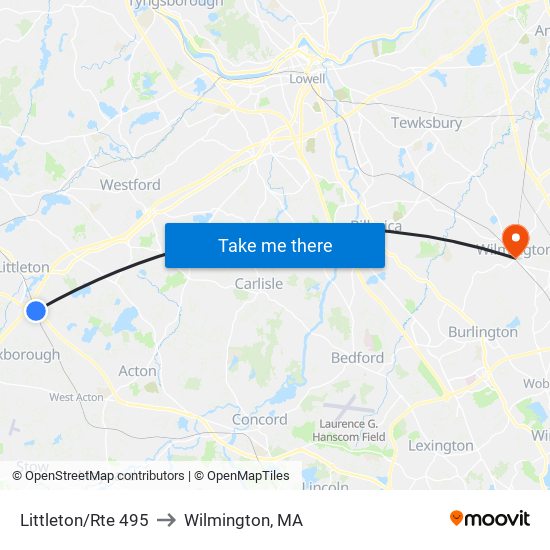 Littleton/Rte 495 to Wilmington, MA map