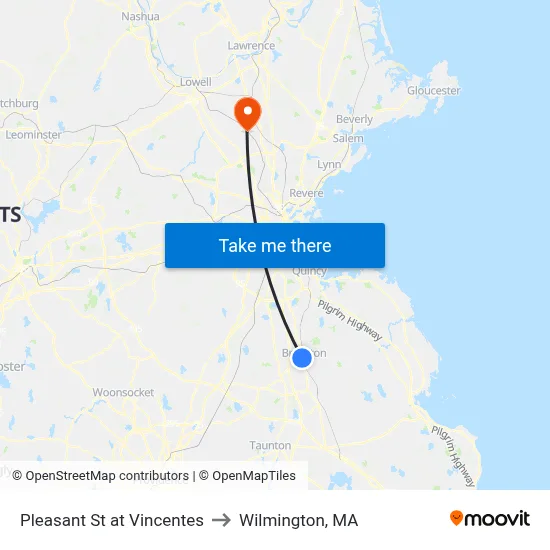 Pleasant St at Vincentes to Wilmington, MA map